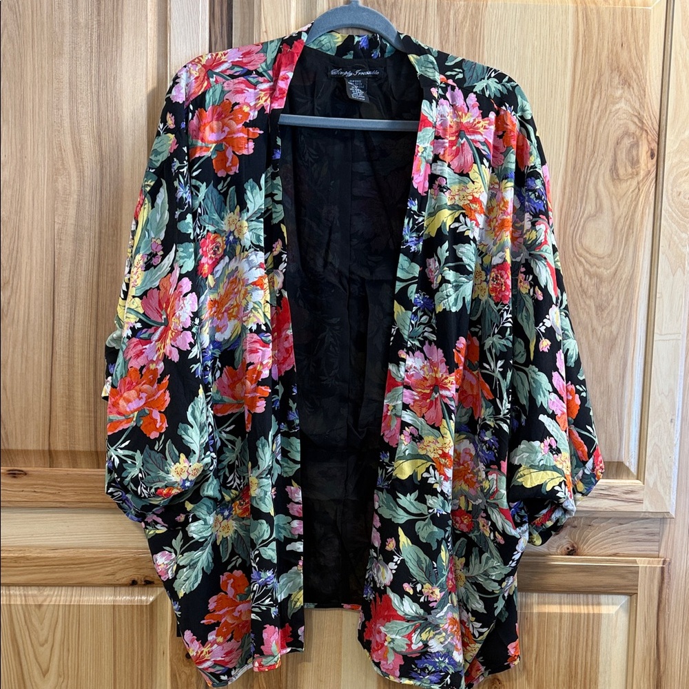 Simply Irresistible Black Colorful Floral Elbow Sleeve Boho Kimono Blazer Sz XL
